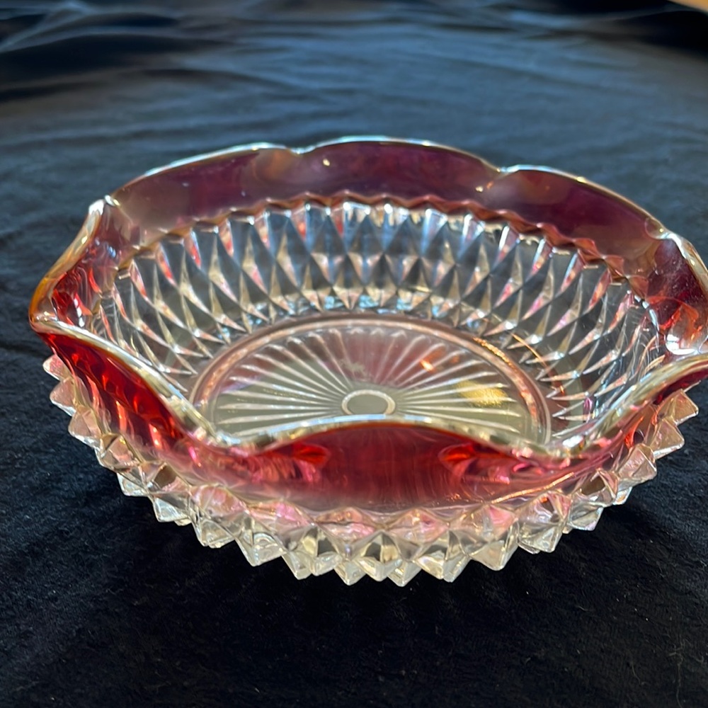 VTG cut glass dish 5.50”W, 2”D, scalloped edges.